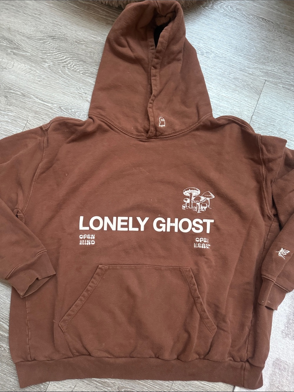 LONELY GHOST Brown Logo Pullover Hoodie with Mushroom Graphic